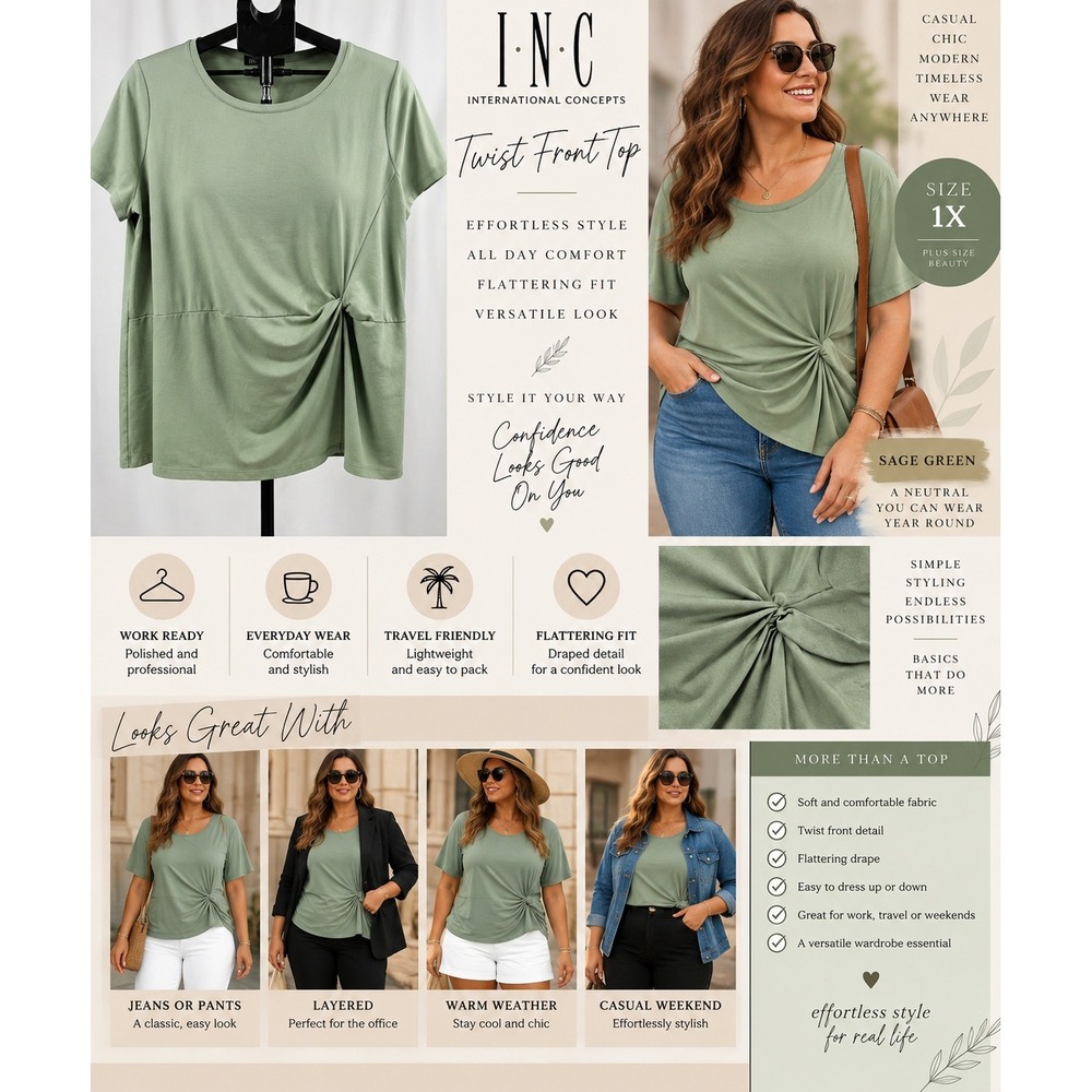 INC International Concepts Sage Green Side Twist Knot Front Top Plus Size 1X